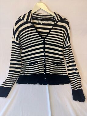 bagatelle Black and White Striped V-Neck Button Cardigan
